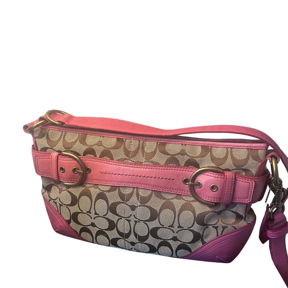 Coach Pink Signature Khaki Canvas Leather Shoulder Bag - Picture 4 of 13